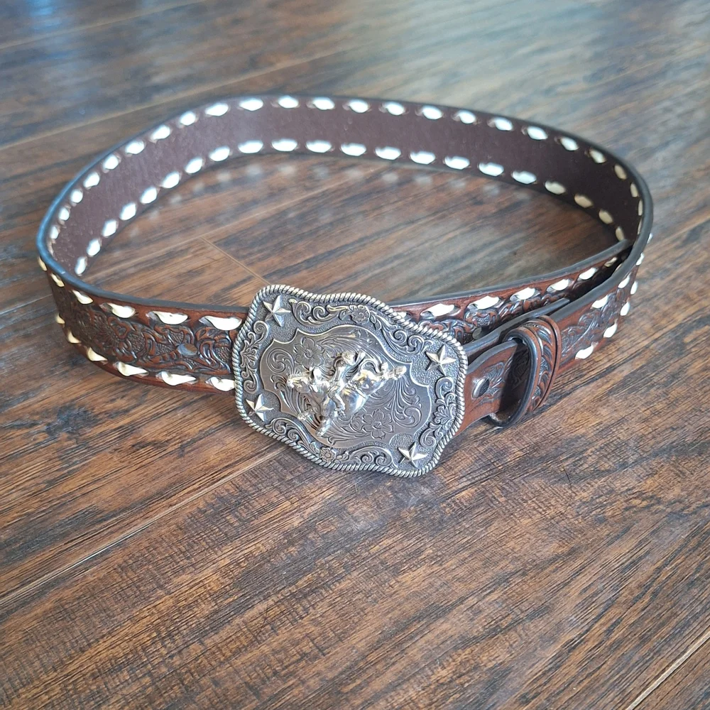 Nocona Brown Leather Floral Embossed Belt with Silver Bull Rider Buckle